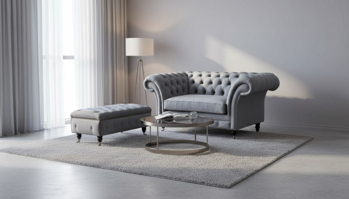 Chesterfield poltrona con poggiatesta, poggiapiedi, poltrona, divano, set imbottito grigio in tessuto