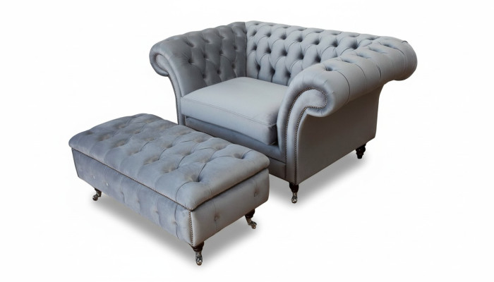 Chesterfield poltrona con poggiatesta, poggiapiedi, poltrona, divano, set imbottito grigio in tessuto