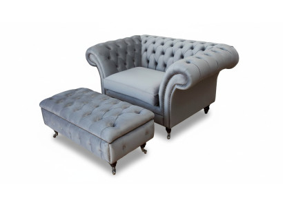 Chesterfield poltrona con poggiatesta, poggiapiedi, poltrona, divano, set imbottito grigio in tessuto