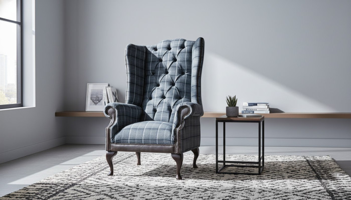 Poltrona Chesterfield con braccioli, divano, divano monoposto, divano in tessuto.