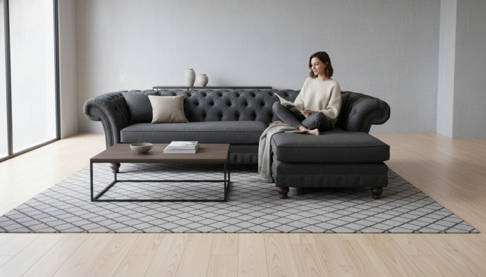 Divano ad angolo Chesterfield a L in stoffa, design, divano, seduta, tessuto, angolo, nuovo.