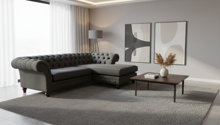 Divano ad angolo Chesterfield a L in stoffa, design, divano, seduta, tessuto, angolo, nuovo.