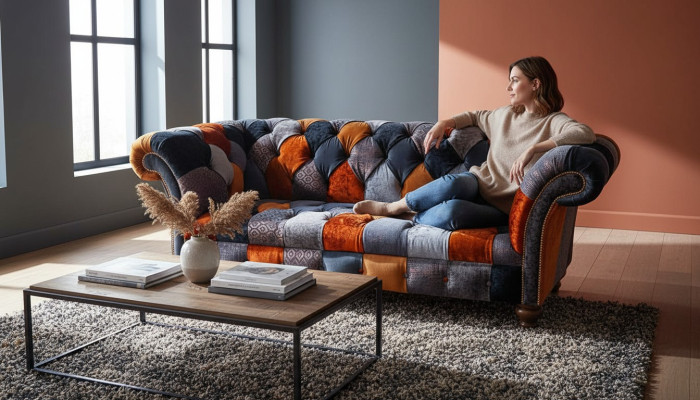 Chesterfield divano a 3 posti in velluto tessuto di lusso imbottito, poltrona Big in velluto