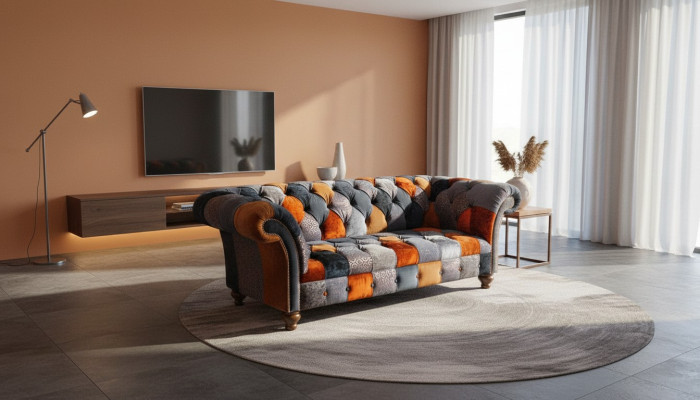 Chesterfield divano a 3 posti in velluto tessuto di lusso imbottito, poltrona Big in velluto