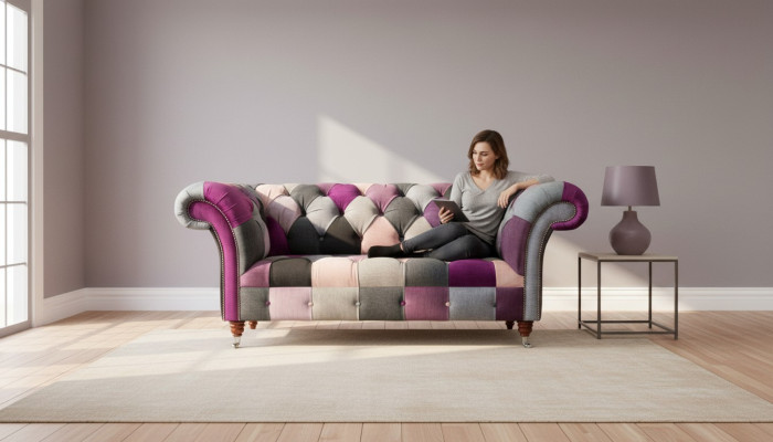 Divano in tessuto Chesterfield Divano Poltrona Design a due posti Tessuto Grigio