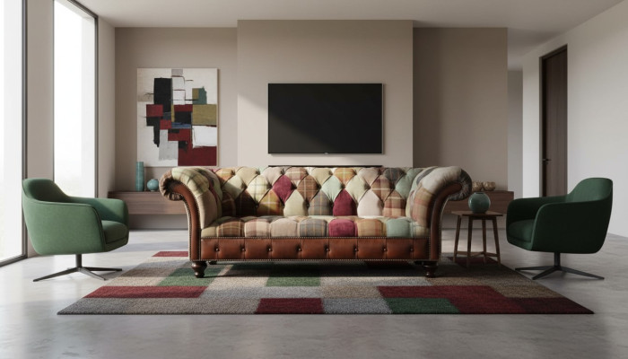 Divano colorato dal design Chesterfield con tre posti.