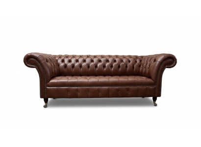 Divano Chesterfield vintage a tre posti, grande xxl marrone in tessuto pelle.