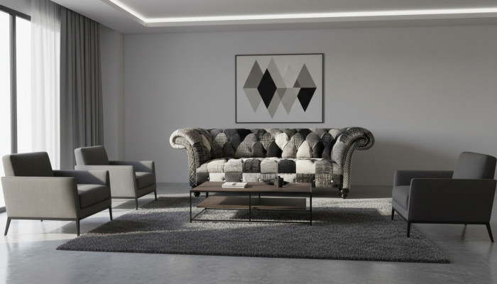 Divano in velluto di lusso in stile Chesterfield con fantasie colorate a quadretti.