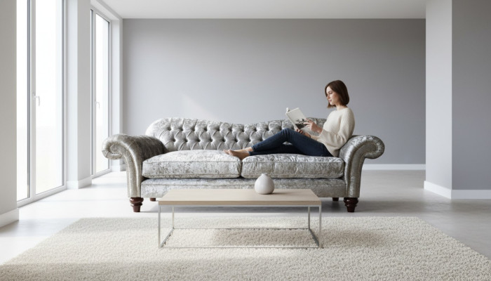 Sofà Chesterfield classico di lusso con tre posti a sedere in grigio.