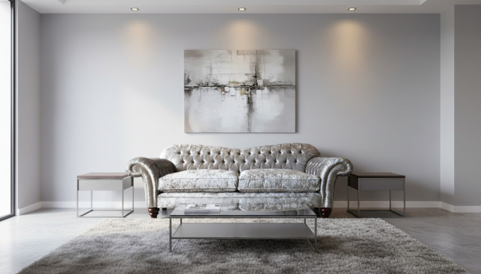 Sofà Chesterfield classico di lusso con tre posti a sedere in grigio.