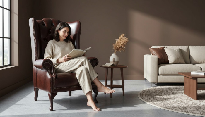 Poltrona monoposto marrone in pelle design Chesterfield per soggiorno.