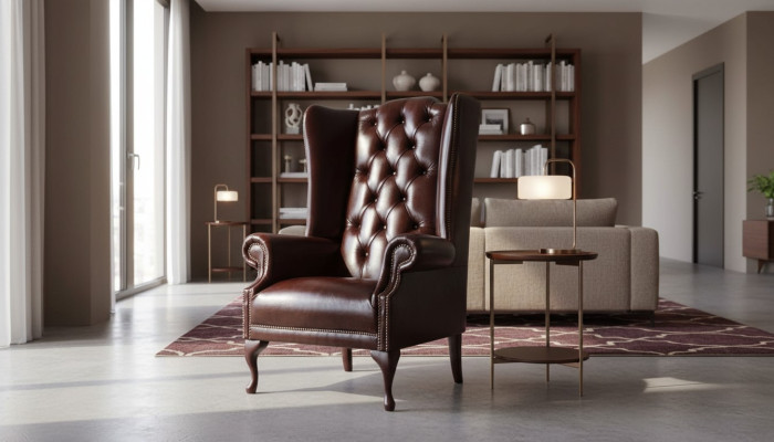 Poltrona monoposto marrone in pelle design Chesterfield per soggiorno.