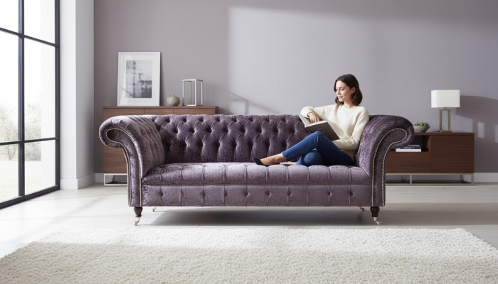 Divano Chesterfield in tessuto di velluto viola design in tessuto a 3 posti