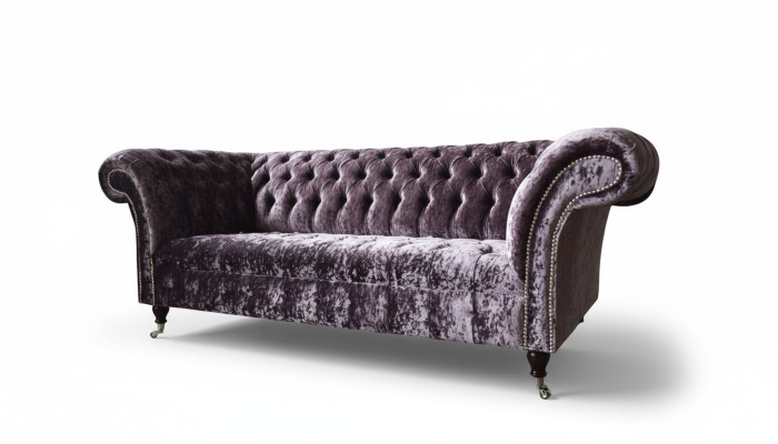 Divano Chesterfield in tessuto di velluto viola design in tessuto a 3 posti