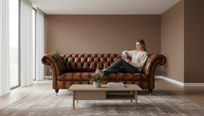 Chesterfield divano a 3 posti in pelle marrone, nuovo.