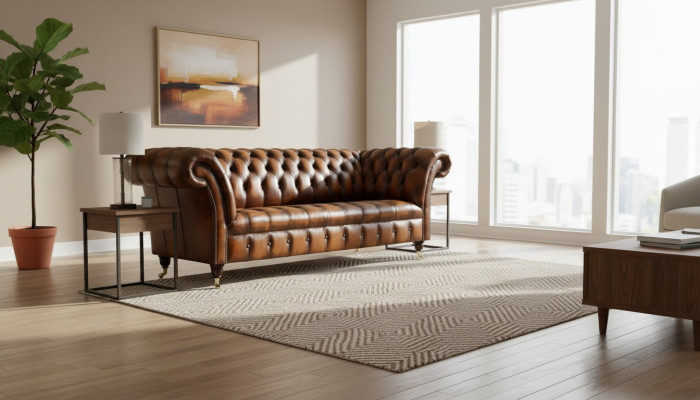 Chesterfield divano a 3 posti in pelle marrone, nuovo.