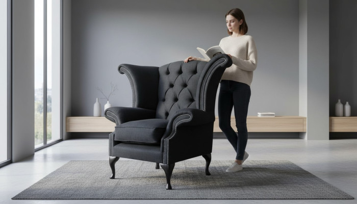 Chesterfield Tessuto Imbottito Divano Design Poltrona 1 Posto Poltrona con Schienale Alto