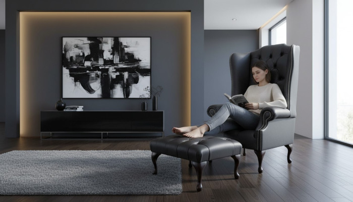 Poltrona con pouf, poltrona imbottita di design Chesterfield con schienale alto, nuova.