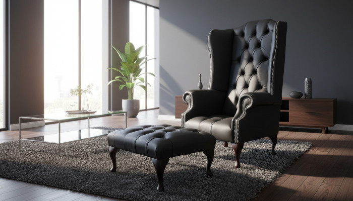 Poltrona con pouf, poltrona imbottita di design Chesterfield con schienale alto, nuova.