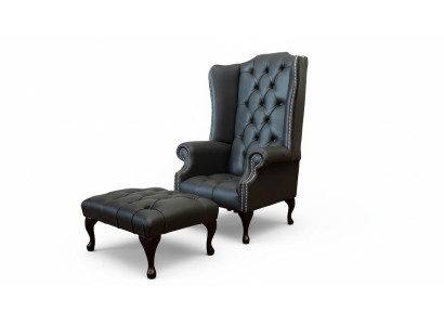 Poltrona con pouf, poltrona imbottita di design Chesterfield con schienale alto, nuova.