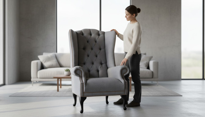 Poltrona Chesterfield Grigio in tessuto a una piazza.