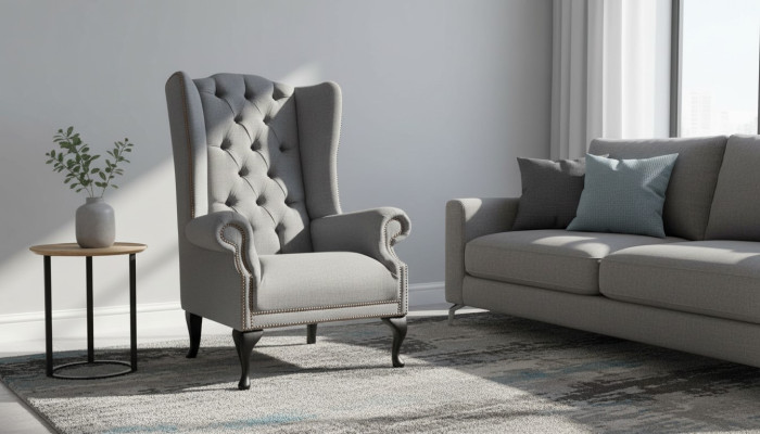 Poltrona Chesterfield Grigio in tessuto a una piazza.
