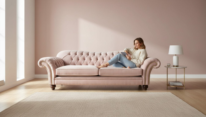Divano 3 posti Chesterfield, rivestito in tessuto rosa.