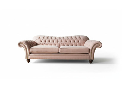 Divano 3 posti Chesterfield, rivestito in tessuto rosa.