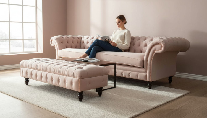 Un lussuoso divano rosa a quattro posti in stile Chesterfield, incluso cuscini.