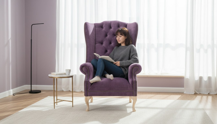 Poltrona orecchioni in tessuto di design, divano a 1 posto con imbottitura stile Chesterfield.