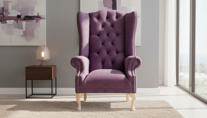 Poltrona orecchioni in tessuto di design, divano a 1 posto con imbottitura stile Chesterfield.