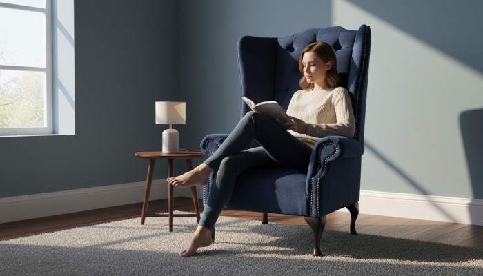 Poltrona design Chesterfield imbottita in lusso, tessuto blu, divano poltrona con schienale alto.