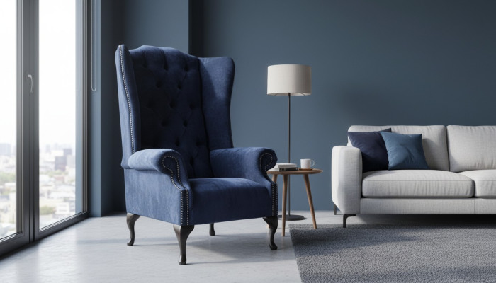 Poltrona design Chesterfield imbottita in lusso, tessuto blu, divano poltrona con schienale alto.