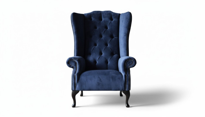 Poltrona design Chesterfield imbottita in lusso, tessuto blu, divano poltrona con schienale alto.