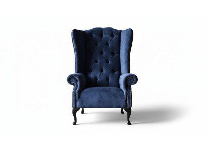 Poltrona design Chesterfield imbottita in lusso, tessuto blu, divano poltrona con schienale alto.