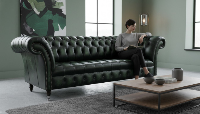 Divano Chesterfield a 3 posti in pelle verde nuovo.