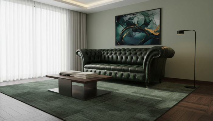 Divano Chesterfield a 3 posti in pelle verde nuovo.