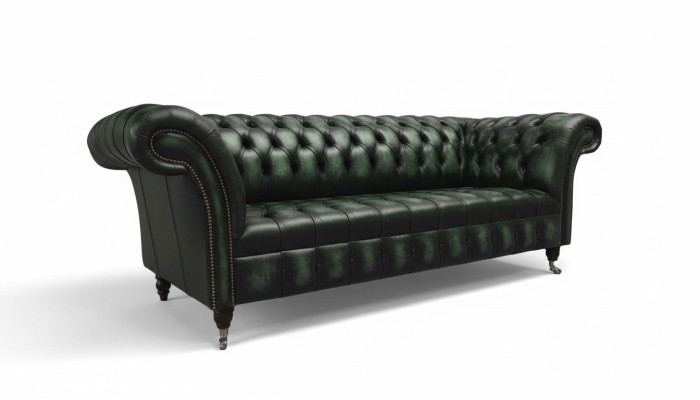 Divano Chesterfield a 3 posti in pelle verde nuovo.
