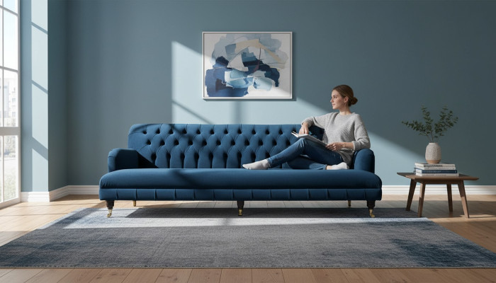 Sofà design di lusso in stile Chesterfield con quattro posti a sedere nel colore blu.