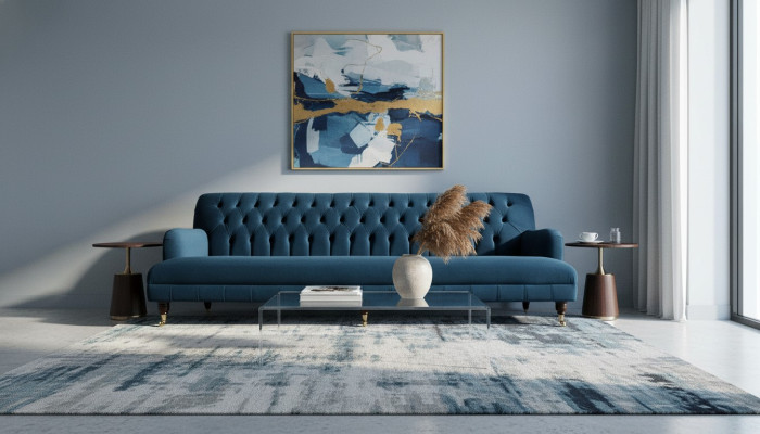 Sofà design di lusso in stile Chesterfield con quattro posti a sedere nel colore blu.