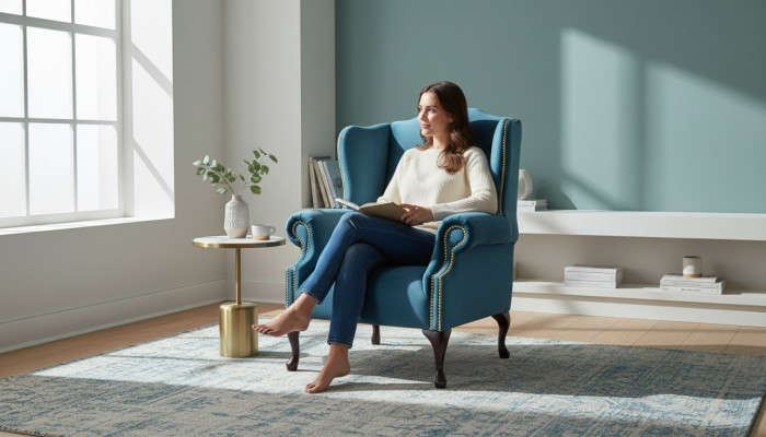 Poltrona Chesterfield monoposto in blu, divano imbottito nuovo.