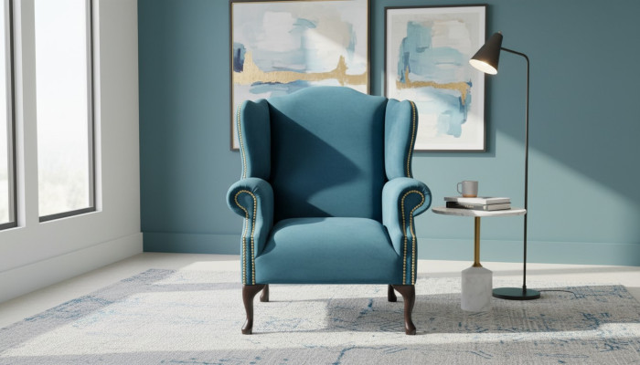 Poltrona Chesterfield monoposto in blu, divano imbottito nuovo.