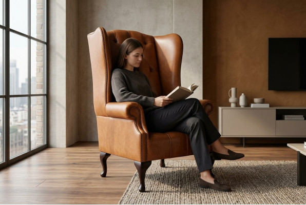 Poltrona Chesterfield in stile orecchie in pelle di lusso color marrone per il salotto, nuova.