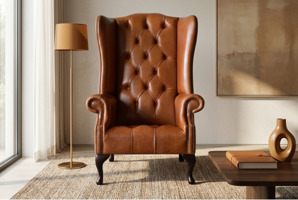 Poltrona Chesterfield in stile orecchie in pelle di lusso color marrone per il salotto, nuova.