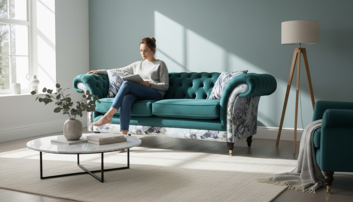Un vivace divano Chesterfield a tre posti in un delicato colore smeraldo con motivo floreale
