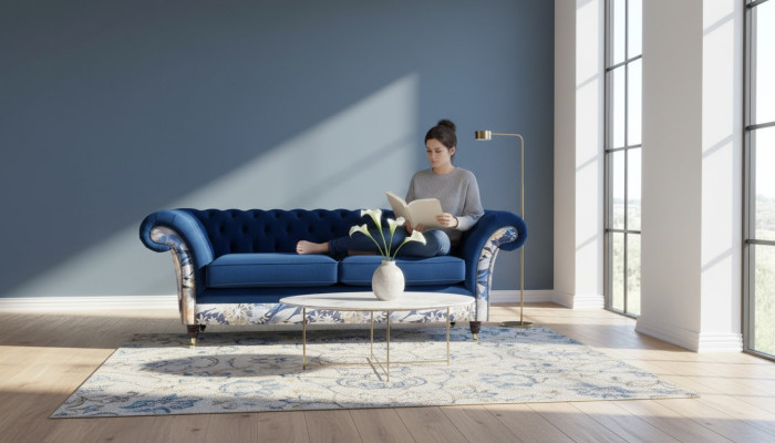 Chesterfield divano in velluto blu reale imbottito, seduta lounge divani.