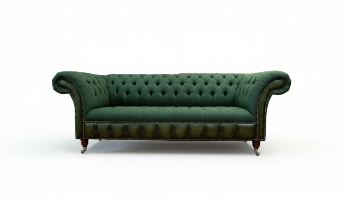 Divano Chesterfield 3 posti in stoffa imbottita in pelle, tessuto nuovo