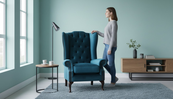 Poltrona grigia con poggiatesta, design Chesterfield in tessuto per il soggiorno.