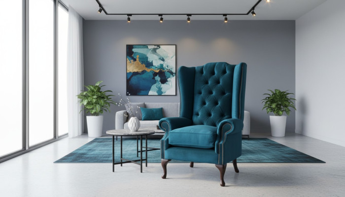 Poltrona grigia con poggiatesta, design Chesterfield in tessuto per il soggiorno.