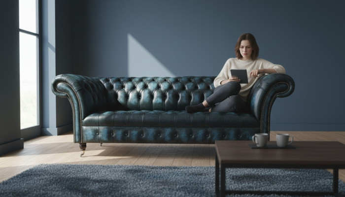Classico divano a 3 posti Chesterfield in tessuto e pelle blu
